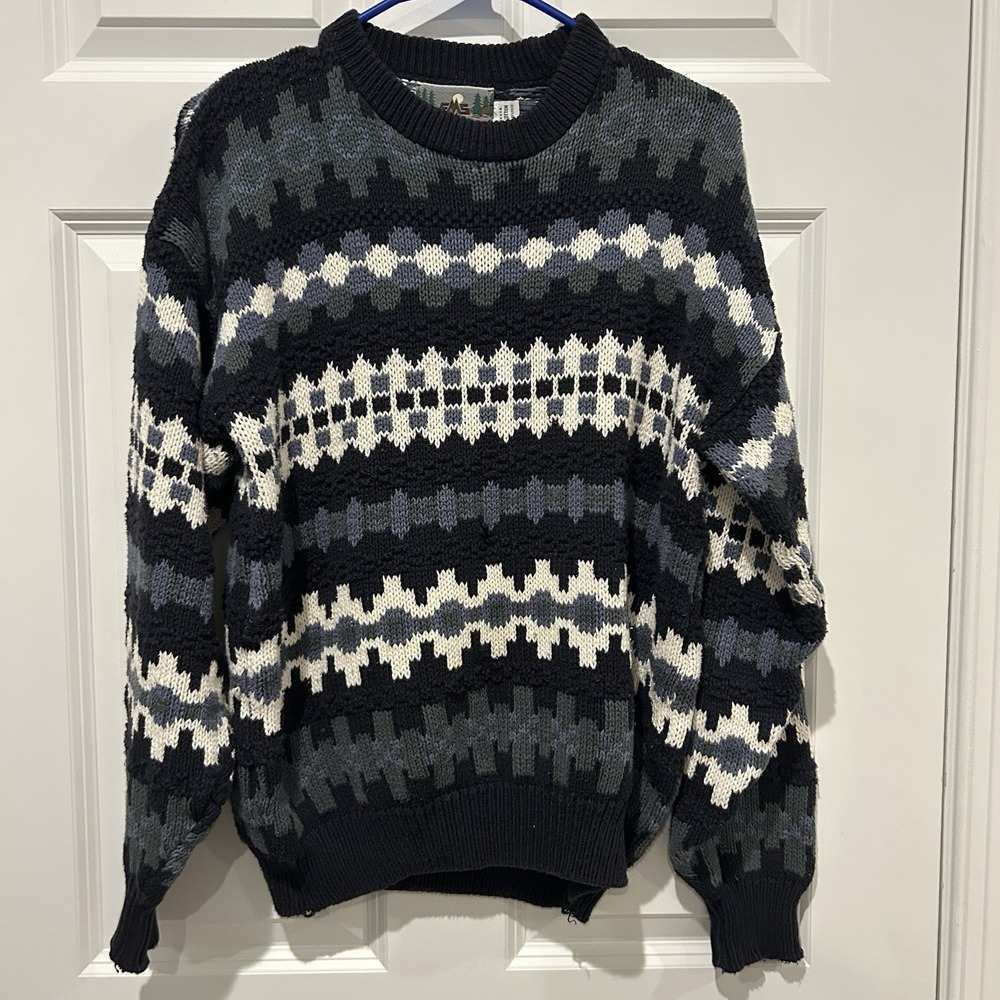 VTG 90s Eastern Mountain Sports EMS Geometric Chunky Knit Sweater Medium Cotton